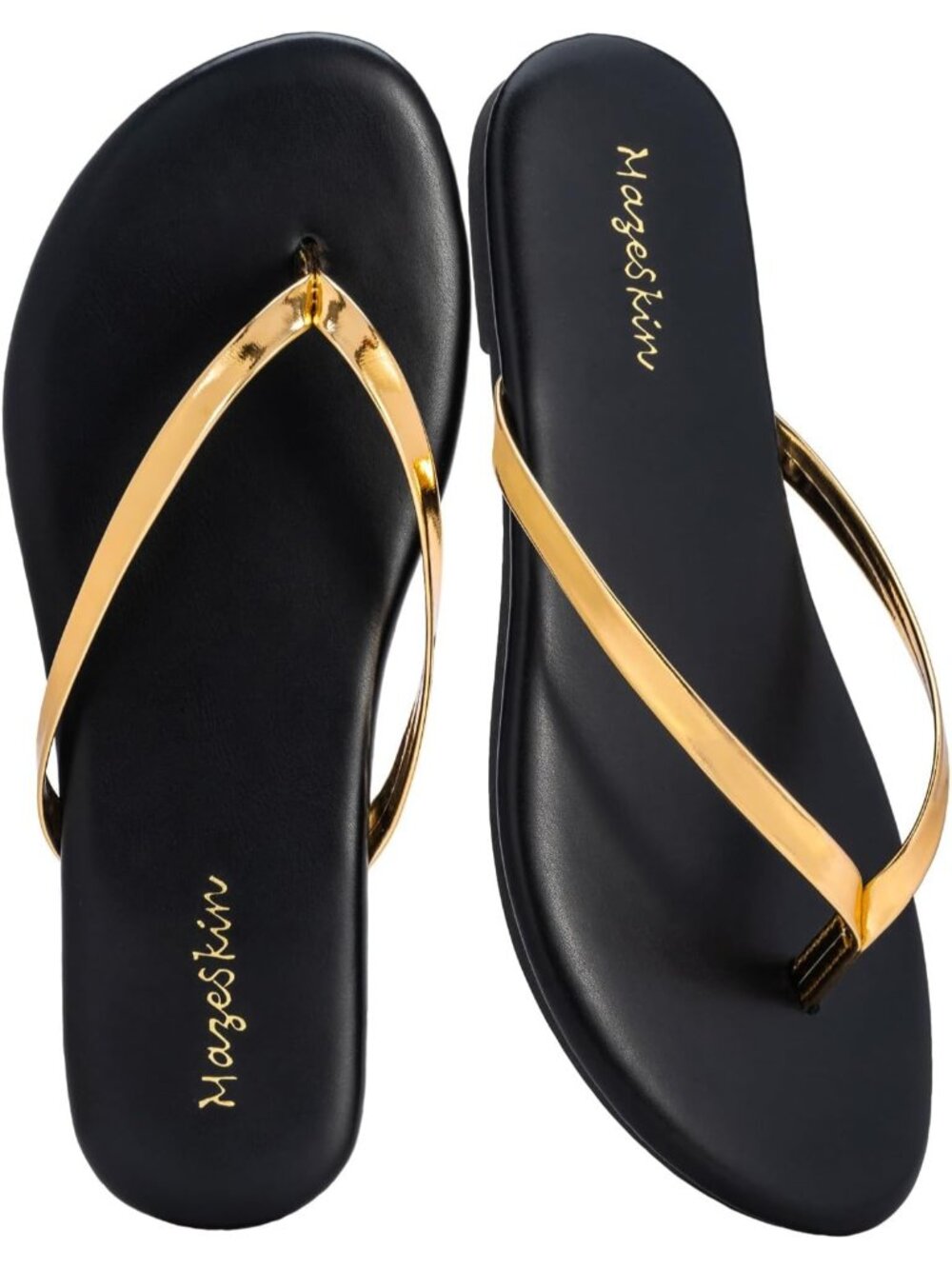Women's Gold Black Flat Thong Sandal Dressy Summer Beach Leather Slide Flip Flop